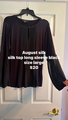 August Silk Women s Black Silk Chiffon Pleated Sheer Blouse L Button