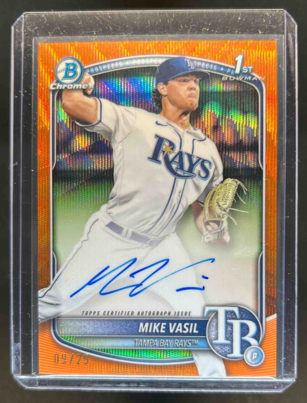 2025 Bowman Mike Vasil Chrome Auto Orange Wave Refractor 1st #9/25 Rays