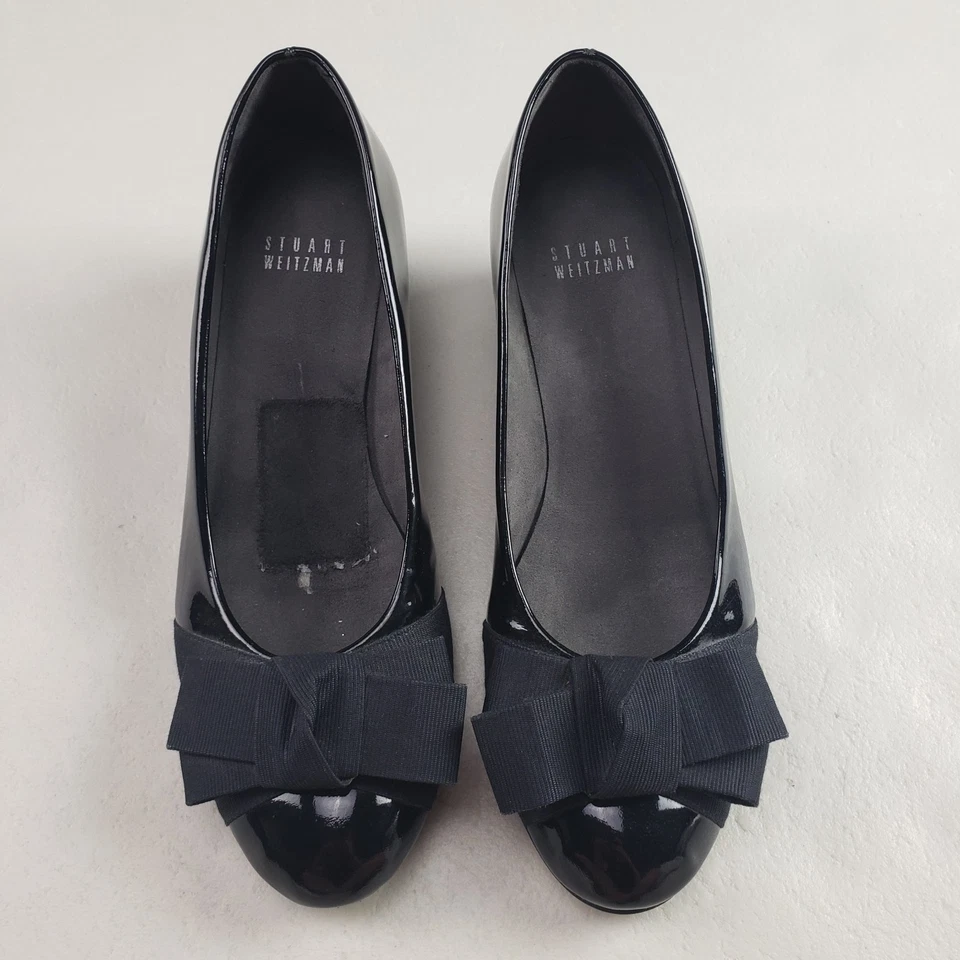 Stuart Weitzman Patent Leather Bow Pump Womens 7 Black Slip On Wedge Heel Spain - Image 4 of 4