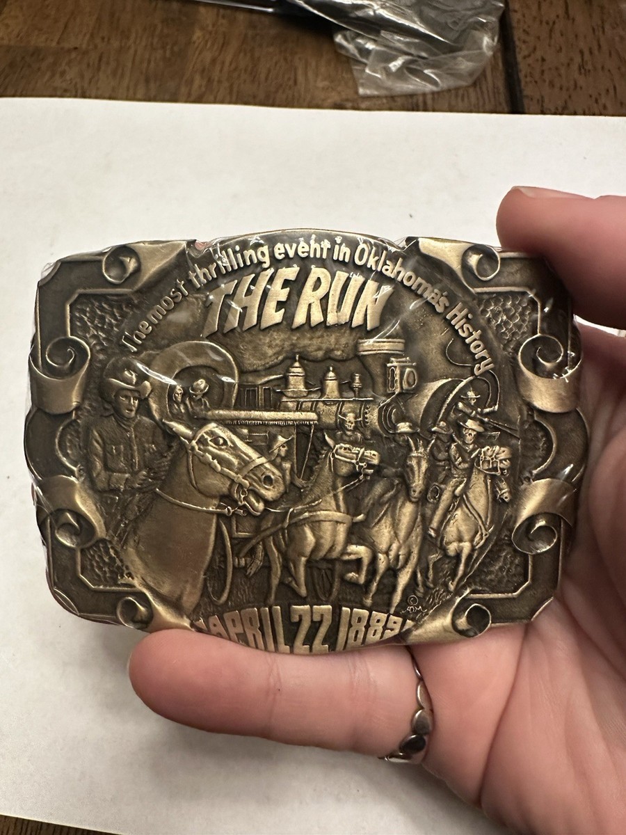 ADM vintage brass belt buckle Oklahoma Land Run April 22, 1889 USA View 2