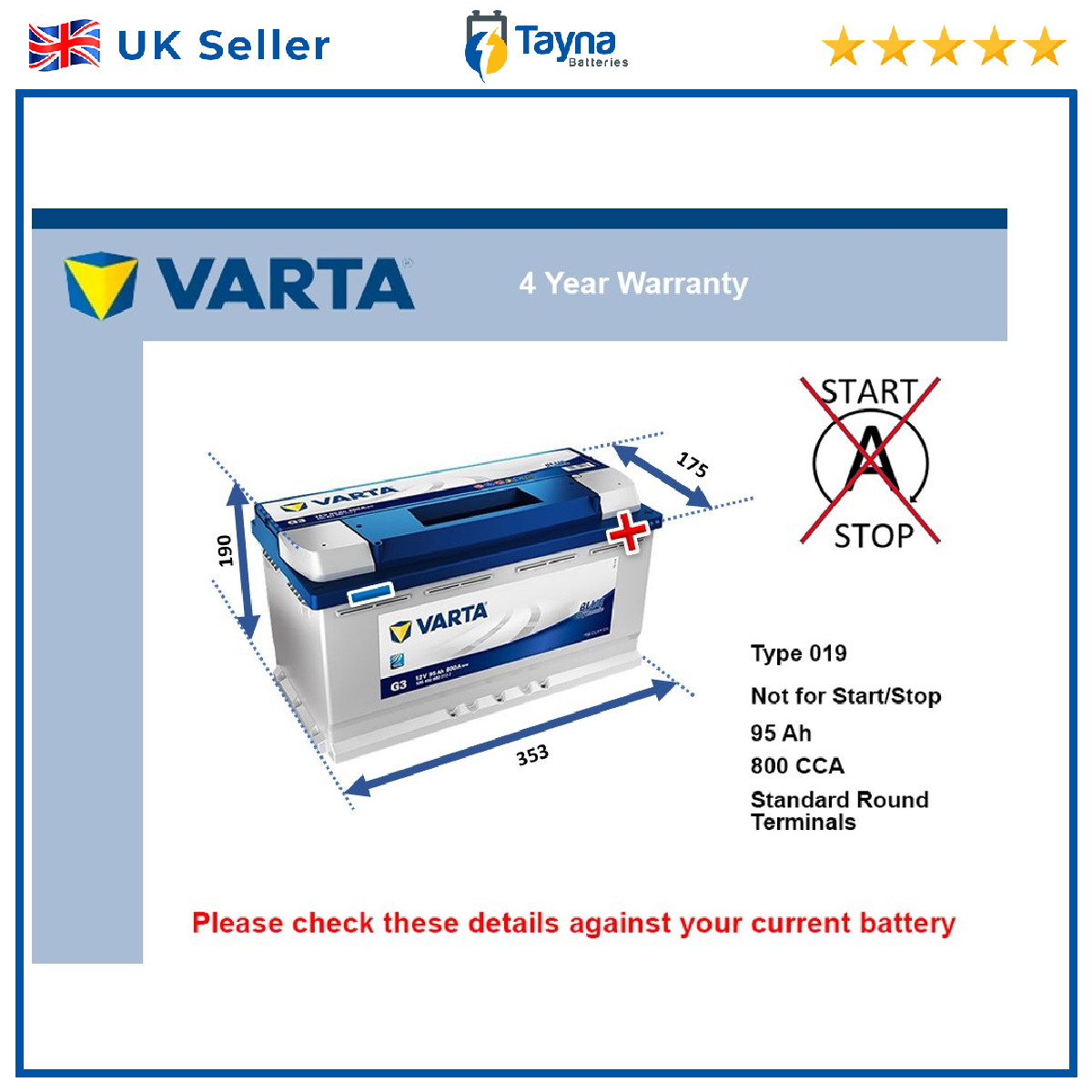 Battery fits NISSAN NAVARA NV400 PATHFINDER INTERSTAR Varta 019 800A New