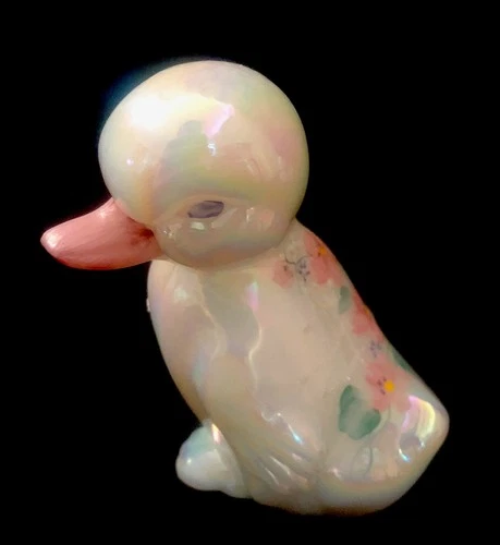 Fenton Duckling Duck Figurine White Opalescent Hand Painted Flowers 3.5" Tall