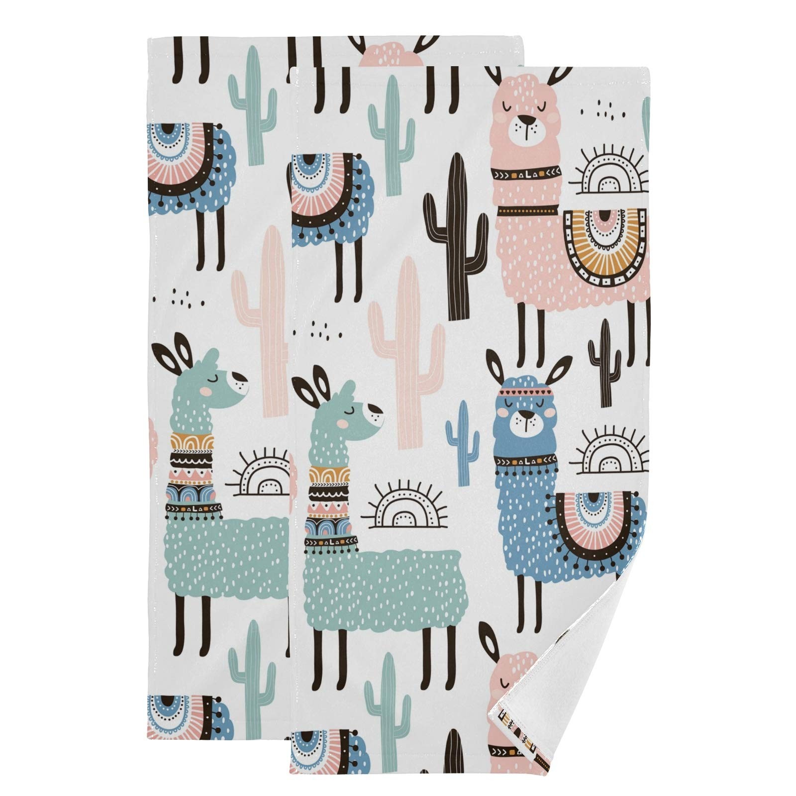 Chic Cactus & Alpaca Hand Towel Set - 2 Soft Small Bath Towels with Cacti Design