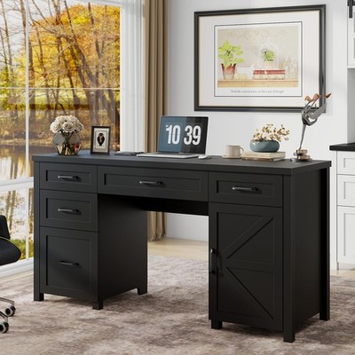 61in Rustic Executive Desk 5 Drawers Charging Station Storage Cabinet Black Home