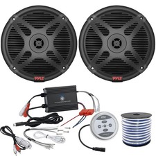 2x Pyle PLMR652B 6.5" 600W Marine Speakers w/Wire, 2-Channel Bluetooth Amplifier