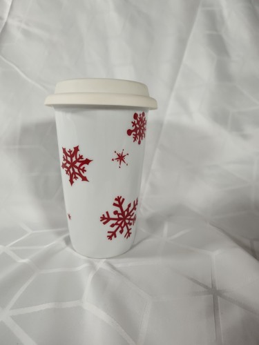 Starbucks 2010 Holiday Travel Mug Tumbler Cup White Ceramic Red Snowflakes w Lid - Picture 3 of 6