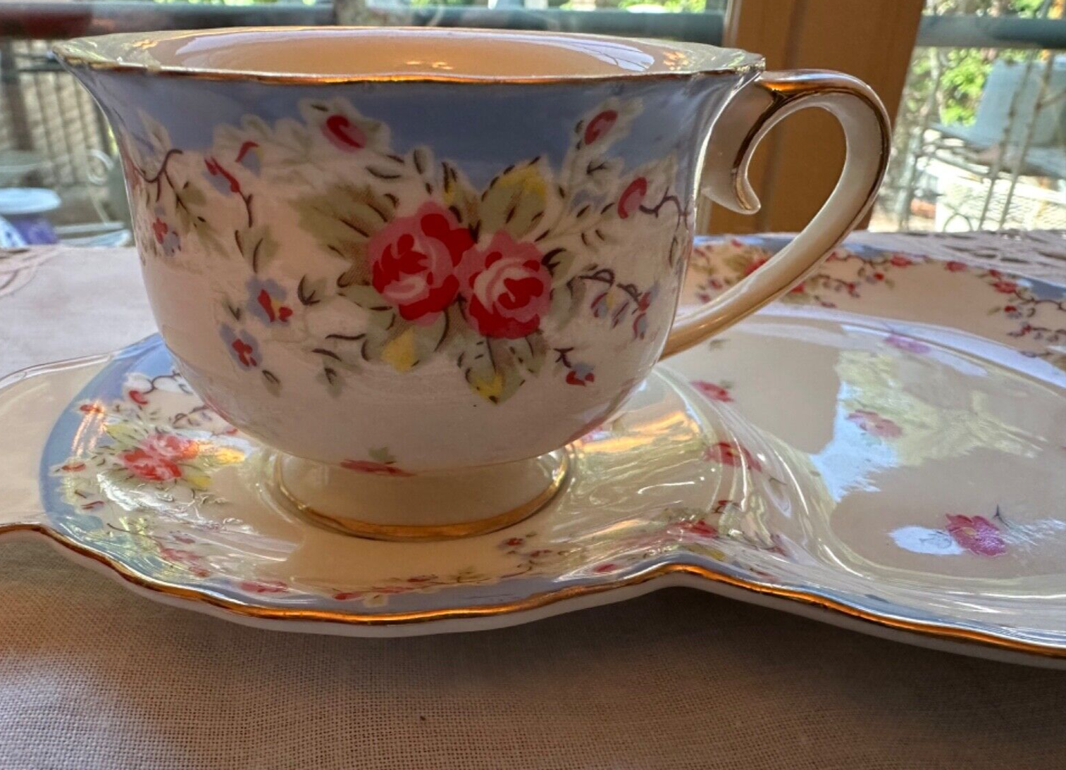 GRACE TEAWARE SNACK PLATE AND CUP SET  PORCELAIN BLUE BAND PINK ROSES GOLD RIMS