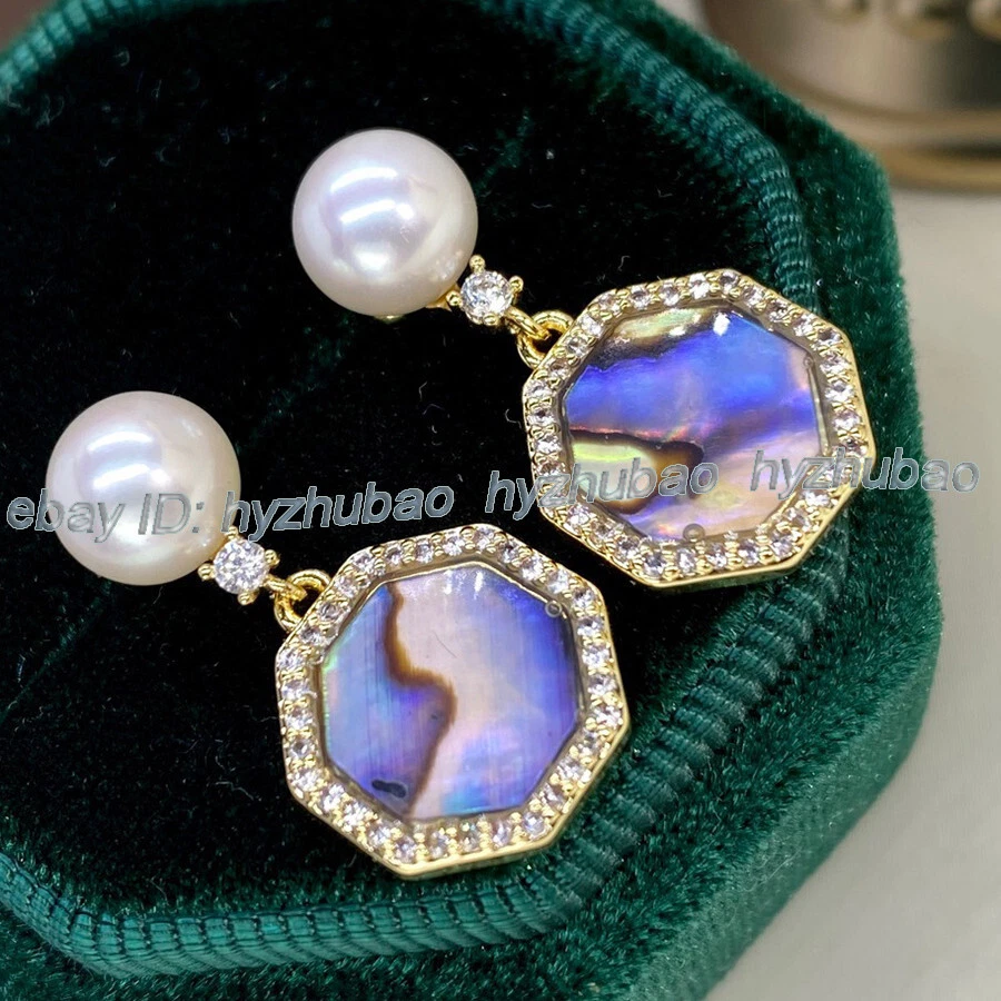 Natural White Pearl Abalone Shell Gem Inlay 18K Gold GP Stud Dangle Earrings AAA - Image 3 of 4