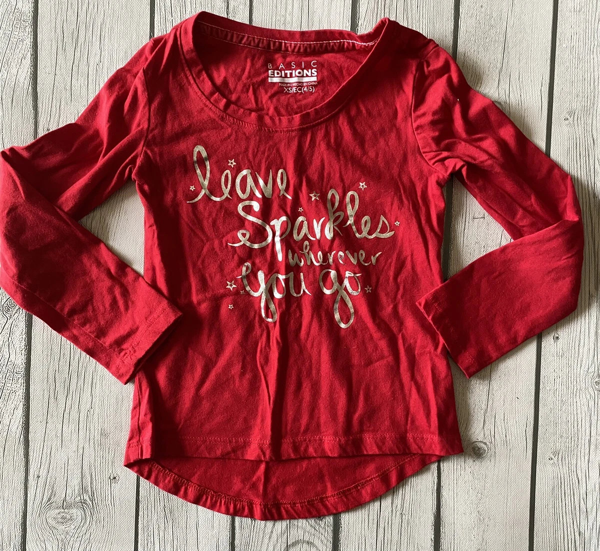Basic Editions Red Shirt Top Girls Size 4 5 Long Sleeve Leave Sparkles