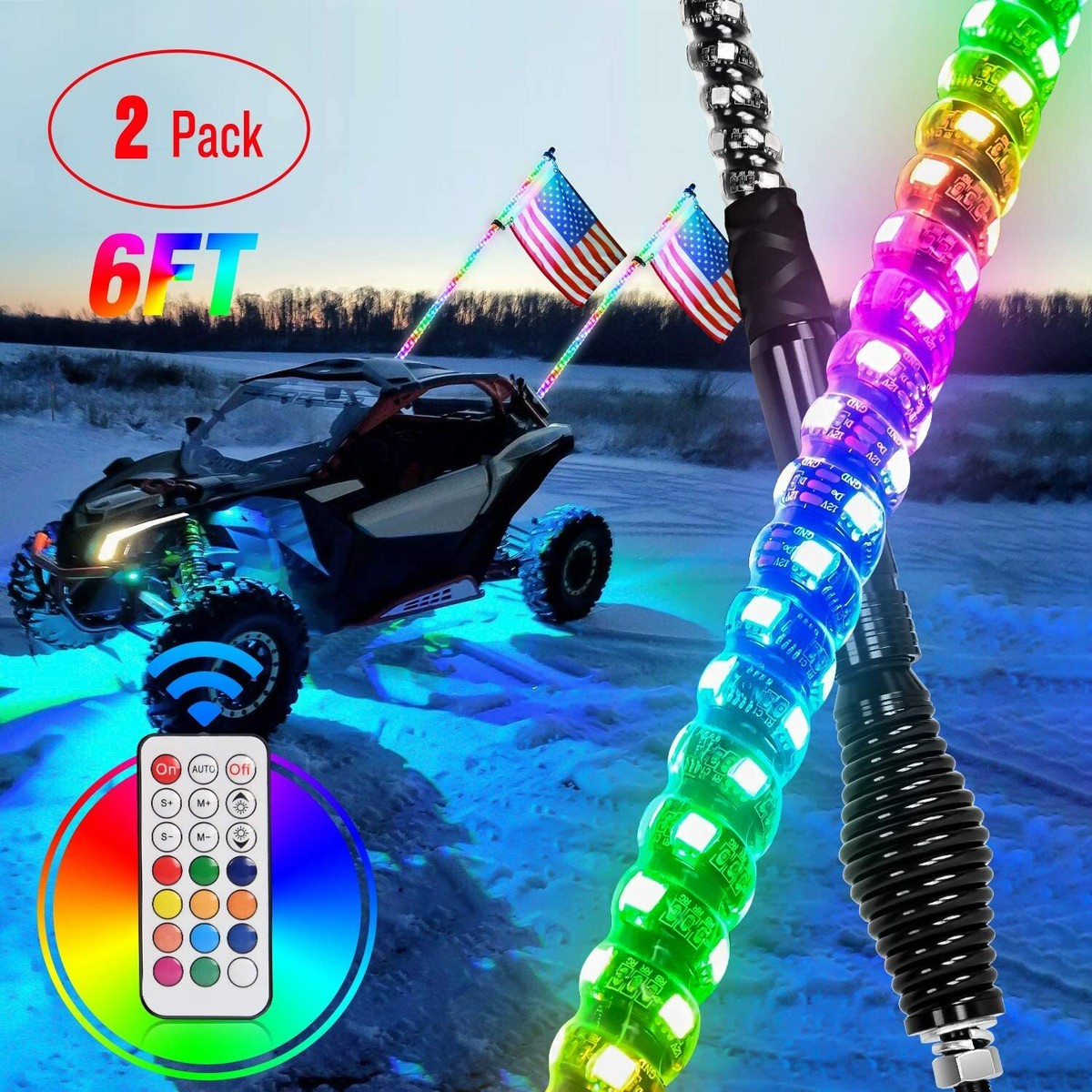 2-Pack 6ft RGB LED Whip Lights For UTV/ATV - Polaris RZR, Can-Am, Universal Fit 10 thumbnail image
