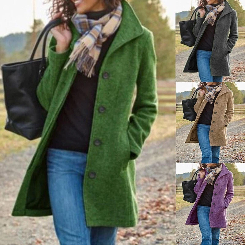 Women's Winter Button Woolen Jacket Wool Mid Length Windbreaker Ladies Coats