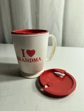 Vintage Plastic Travel Mug & Base "I ❤️ Grandma" White & Red Double Sided 