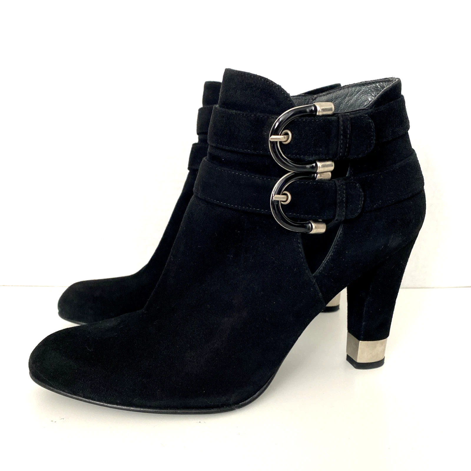 Stuart Weitzman Suede Bootie Ankle Boot Black Almond Toe Heeled Two Buckle 8 M