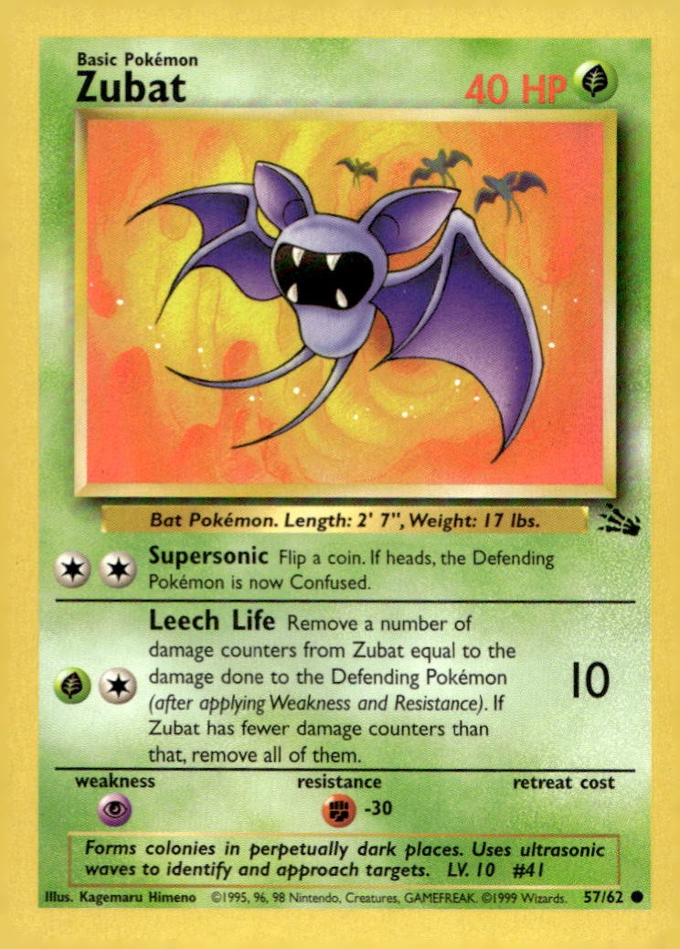 Zubat 57/62 Common Fossil Pokemon 1st Edition Near Mint
