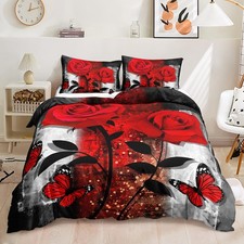 Red Rose Duvet Cover Set Queen Size, Grey Couple Rose Comforter Cover Set,3 P...