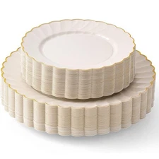 By Madee PREMIUM 60 Pc Ivory Scalloped Plastic Plates with Gold Trim – 30 Dinner