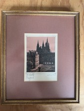 The Castle Prague Etching Pencil Framed Art Original Europe Cityscape Vintage