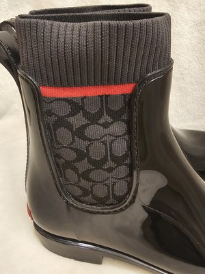Coach Rivington Signature Knit Black Red Pull-On Ankle Rain Boot