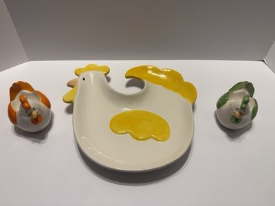 Easter Chicken Plate Plus 2 Egg Cups White Ceramic With Yellow, Green And Orange