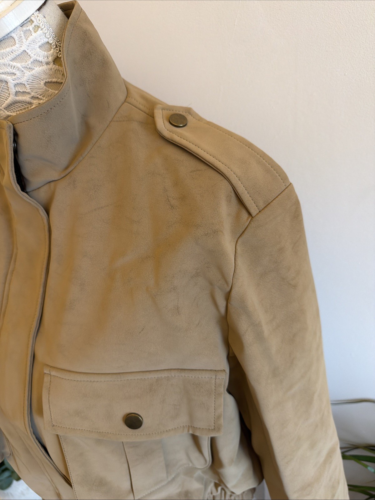 Glamify Size L Jacket Lined Cropped Tan Brown Bomber Leather SuedeFeel Military image 9