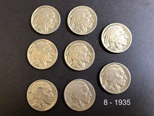 Buffalo Nickles, lot of eight 1935 coins, good condition.