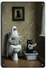 Ghost Black Cat Bathroom Funny Tin Metal Sign Halloween Decor New 8x12 Holiday