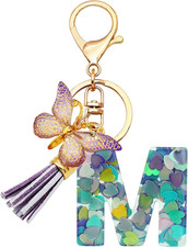 Initial Letter Keychains for Girls Women Pink Purple Green Cute Butterfly Heart