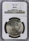1922 $1 Peace Silver Dollar  NGC MS 63
