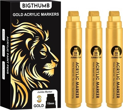 3 Pcs Gold Jumbo Permanent Markers: 15mm Wide Tip Thick Acrylic Paint Pen Large