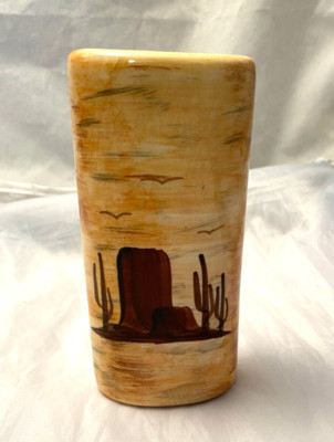 Desert Scene Southwest Cactus Hand Painted 5.5'' Tall Vase Signed Thora Vintage