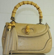 $15,300 Gucci Tan Wheat Beige New Bamboo EXOTIC Ostrich Top Handle Tassel bag