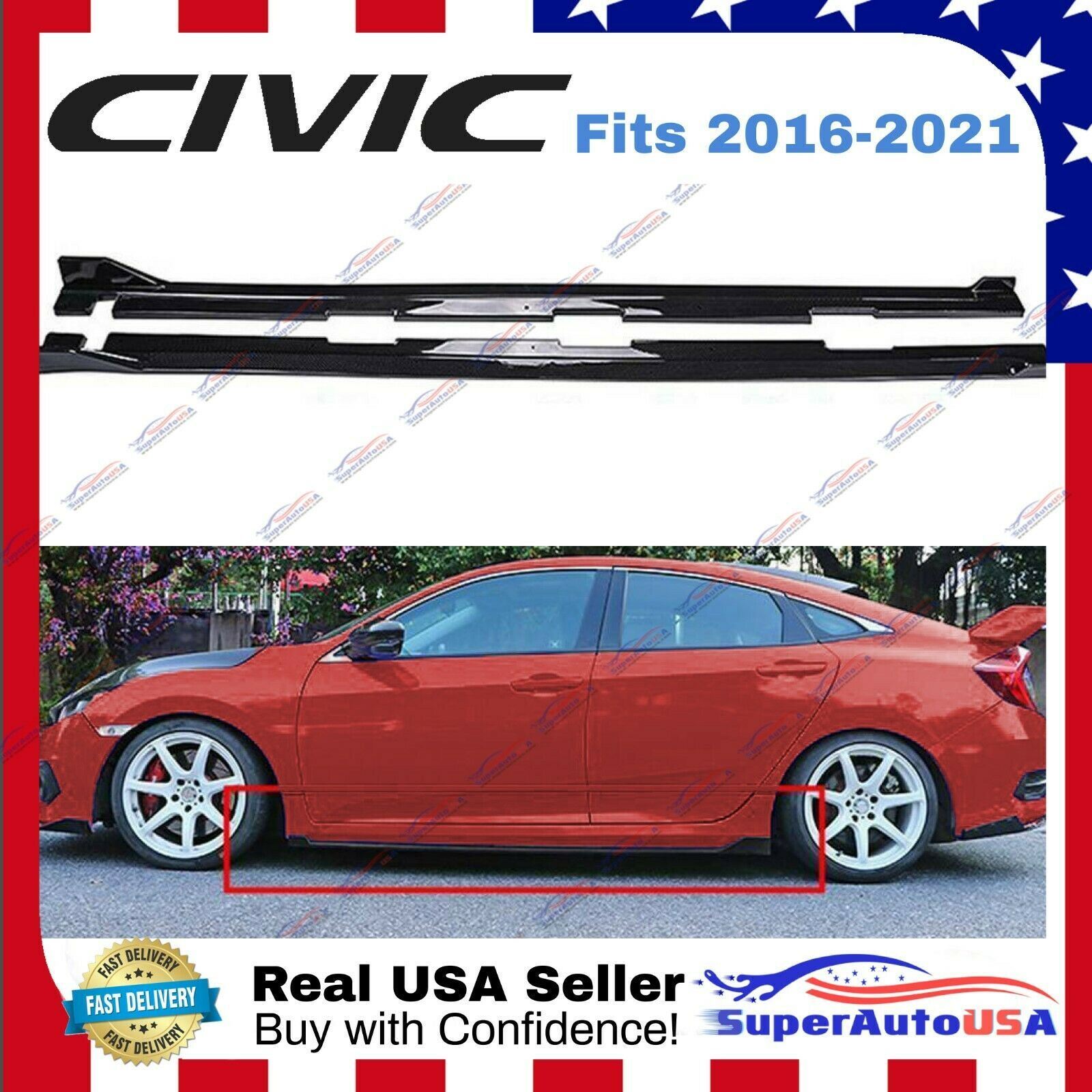 Black Side Skirt Extensions For 2016-2019 Honda Civic 4DR Sedan – FK8 Type-R Style, 74.8 Inch, Pair