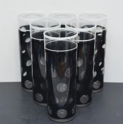SET 6 VINTAGE FEDERAL GLASS BLACK TO CLEAR POLKA DOT COLLINS ZOMBIE GLASSES
