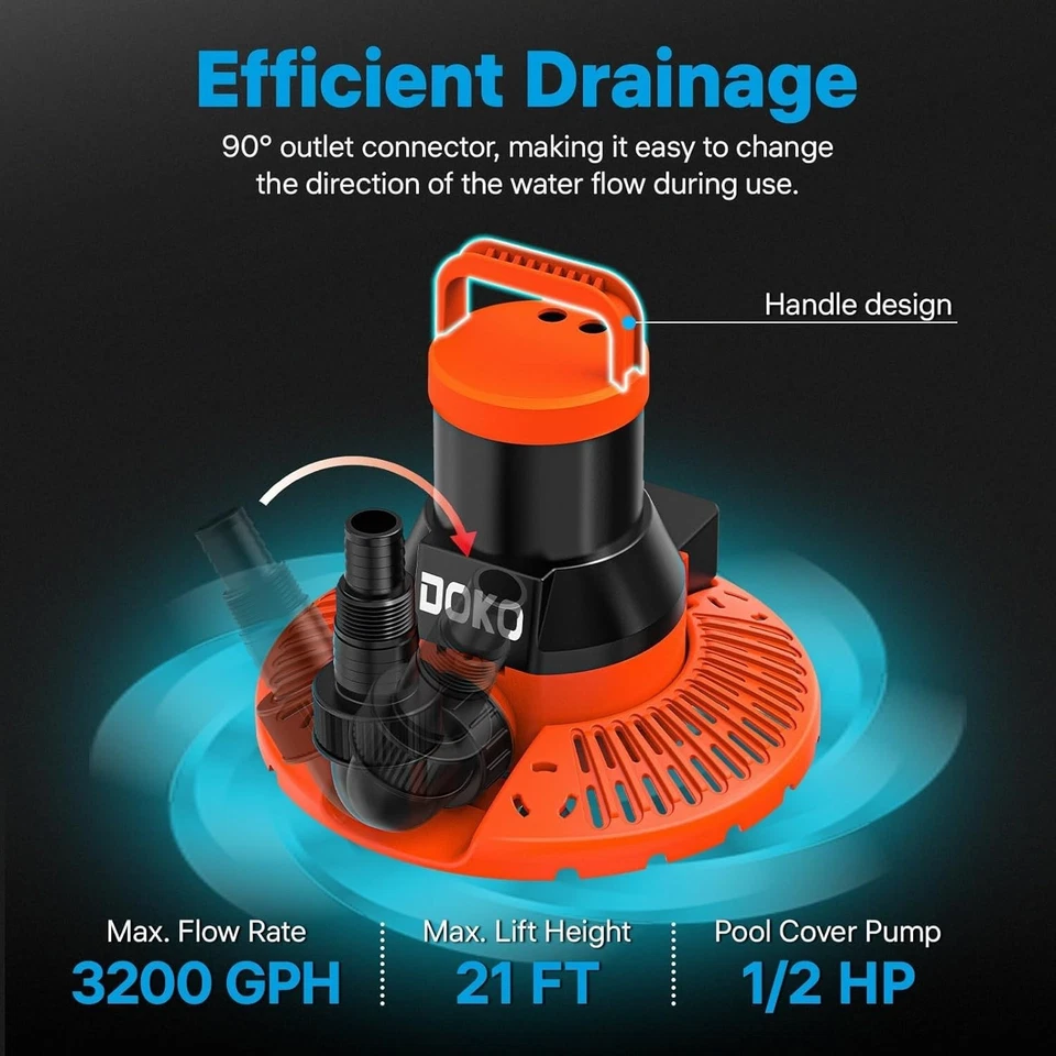Bomba de cubierta de piscina automática de 1/2 HP 3200 GPH extracción de agua 115 V bomba de sumidero cable de 25 pies Foto 3 de 4