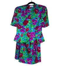 Vintage 90s Silk Andrianna Papell Skirt Suit Women Floral 2pc Jacquard Size 10