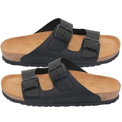 Herren Sandale 2 Riemen aus Leder Schwarz Gr. 42-47 Soft-Fußbett Hausschuhe NEU