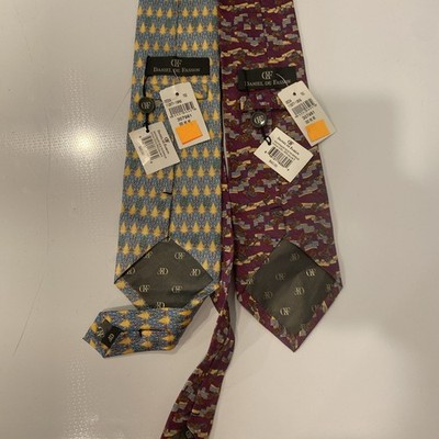 Lot Of 2 Daniel De Fasson Tie Classy Copper Blue prints Silk 57''x4'' Hand Made