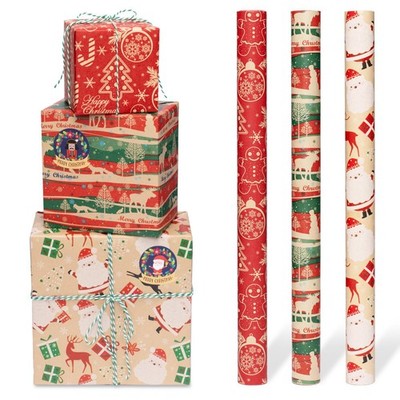 Toptime Christmas Wrapping Paper - 3 Rolls, 17In x 120In Kraft Red Green 