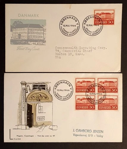 Denmark Stamps 1966 Conservation Almhouses single & block of 4 first day covers