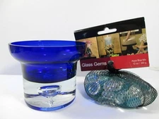 Partylite Votive Blue Top Clear Bubble Base AND Bag Multi-Colored Glass Beads