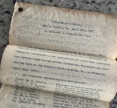 Antique 1897 NY, Phila. & Norfolk RR Signed Document Norfolk & Portsmouth Belt