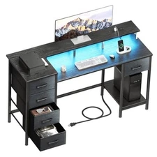Computer Gaming Desk with Power Outlets & LED Lights Reversible 47 Inch Black