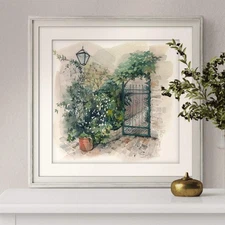 Original Watercolor Secret Garden Gate 7.5x7.5 Painting Unique Artwork Wall Art