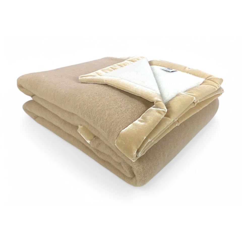 COPERTA BICOLOR in vera pura LANA vergine morbida e calda Beige - Immagine 2 di 4