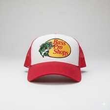 Bass Pro Shops Trucker Hat Mesh Back Snapback Red White Fishing Cap One Size