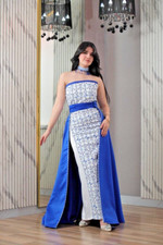 Women Palestinian Embroidered Satin Dress with Robe  Jacket  Belt  Necklace