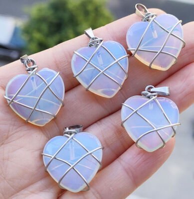 20pcs Artificial Opal Stone Heart Wire Wrap Pendant Jewelry Making Necklace
