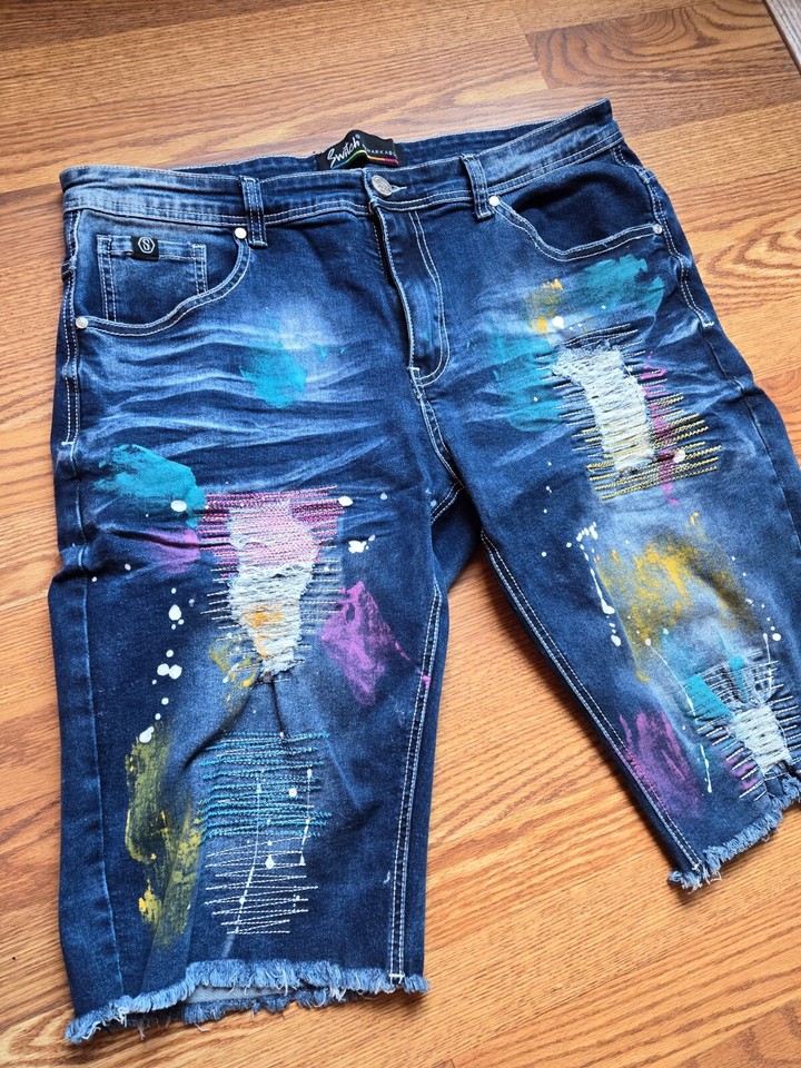 Switch Remarkable Distressed Denim Stretch Shorts 36, Painted eBay