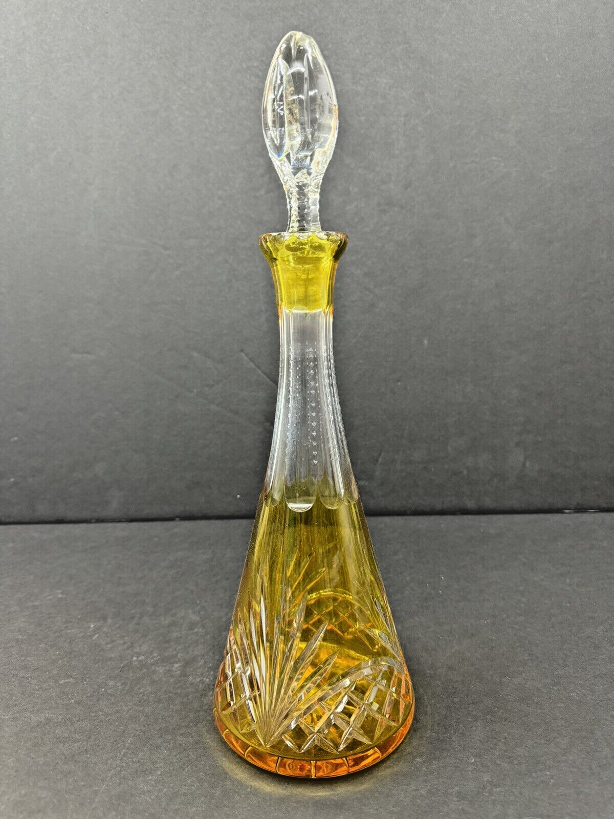 Vintage Late 19th Century Tall Bohemian Amber Cut to Clear Decanter With Stopper