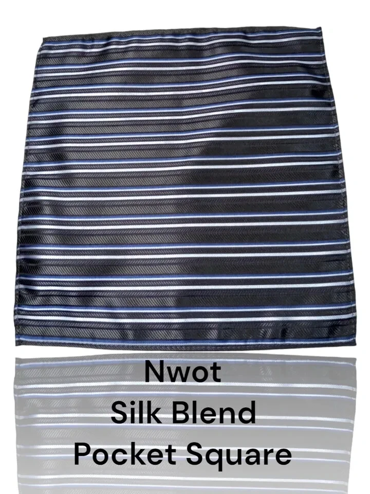 Nwot Silk/poly Blend Pocket Square, 9.5" X 9.5", Black/Blue/Gray, Striped. - Image 4 of 4